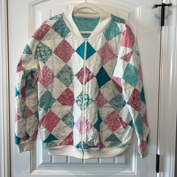 Vintage Jackets & Blazers - Vintage boho folk grandma quilt square pink teal patchwork zip jacket XL XXL